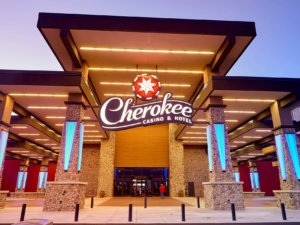 Cherokee Hotel & Casino in Roland sign and front doors